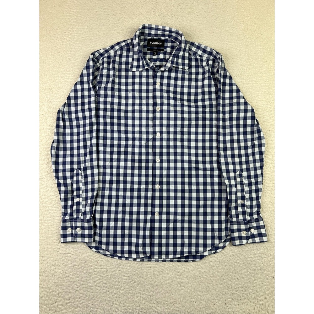 Bonobos Shirt Mens Medium Blue White Plaid Tailored Fit Stretch Button Up Casual